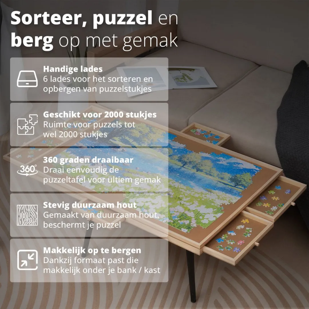 FlinQ Draaibaar Puzzelbord 2000 Stuks - Hout - 105x75x4cm