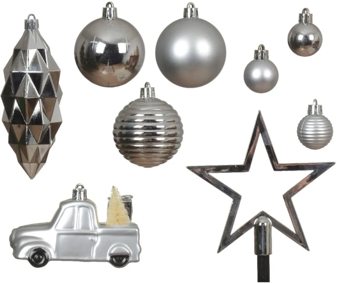 Kaemingk Kerstboomdecoratie Zilver Mixbox - 67-delig
