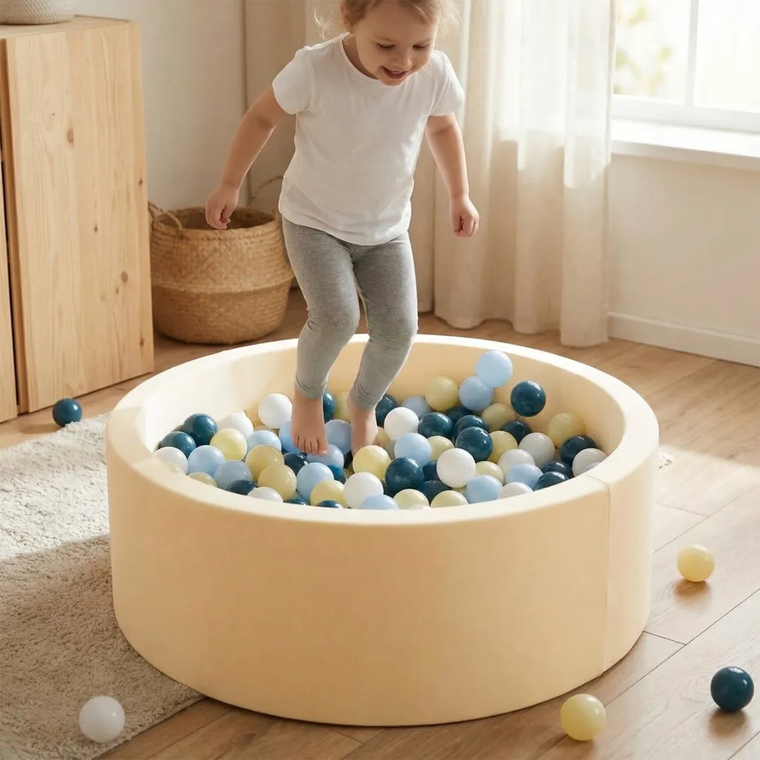 KiddyMoon Schuim Ballenbad 90x30cm - 300 Ballen - Botergeel/Groengrijs/Pastelgeel/Bruin/Wit