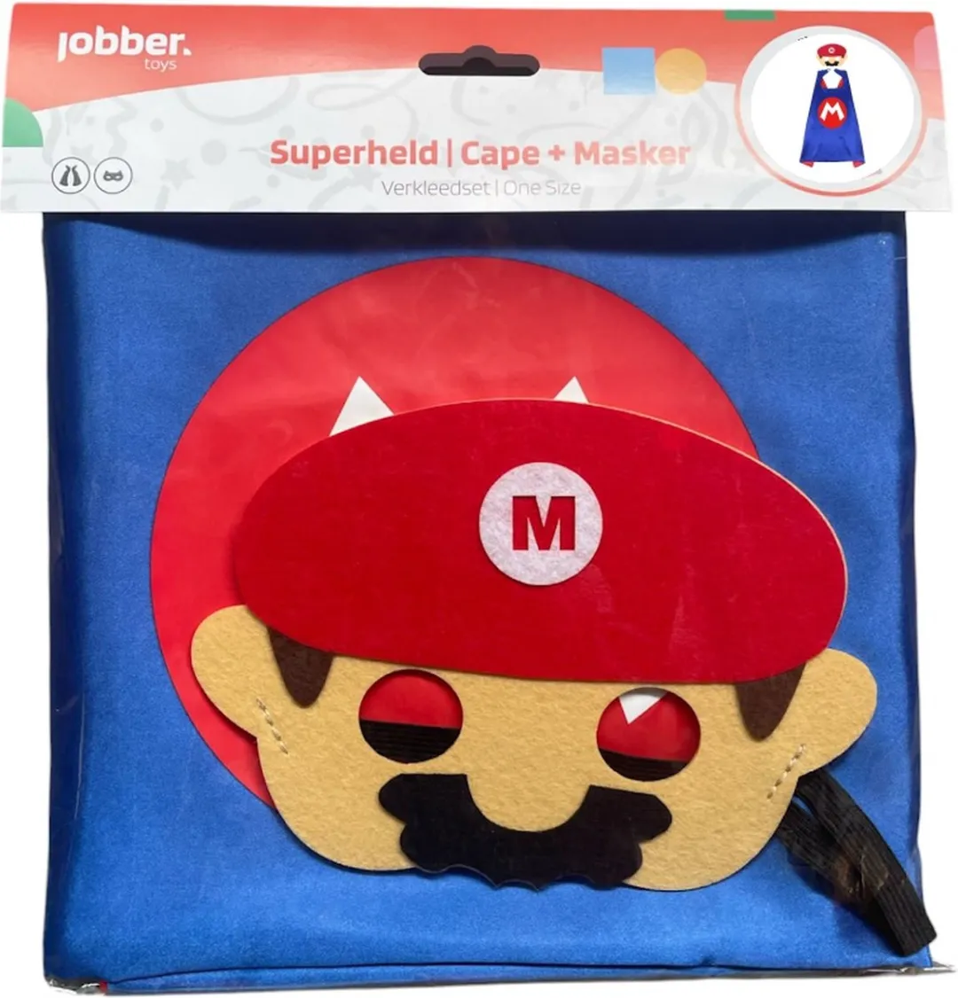 Jobber Toys Mario Verkleedcape - Blauw/Rood - One Size - Incl. masker