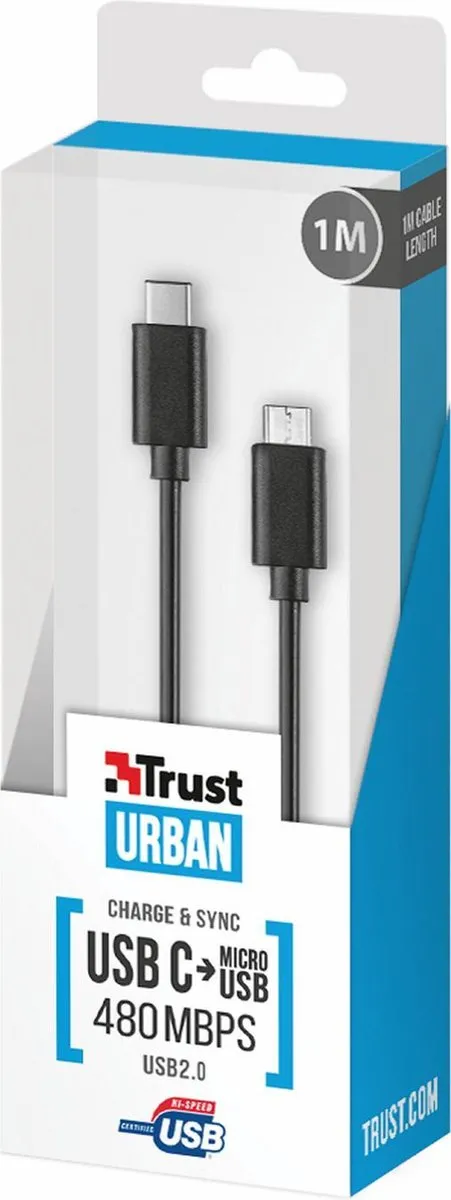Trust USB-C naar micro-USB Kabel 480Mbps 1m - Zwart