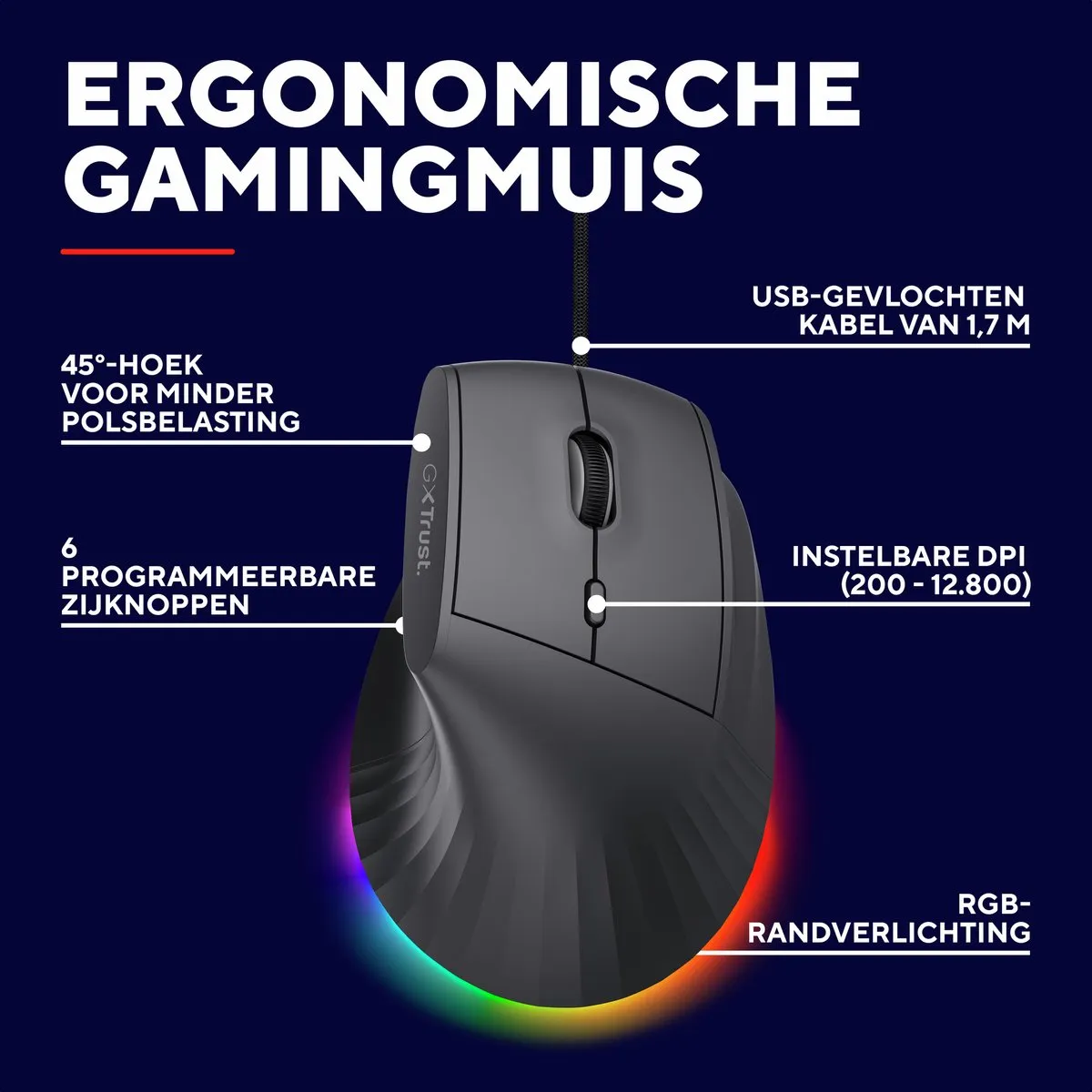 Trust GXT 145 Rexxa Gaming Muis - Verticaal - 12.800 DPI - 10 Knoppen - Zwart
