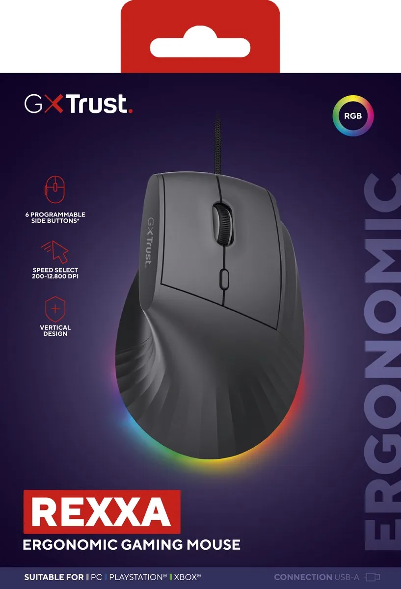 Trust GXT 145 Rexxa Gaming Muis - Verticaal - 12.800 DPI - 10 Knoppen - Zwart - afbeelding 6 van 6