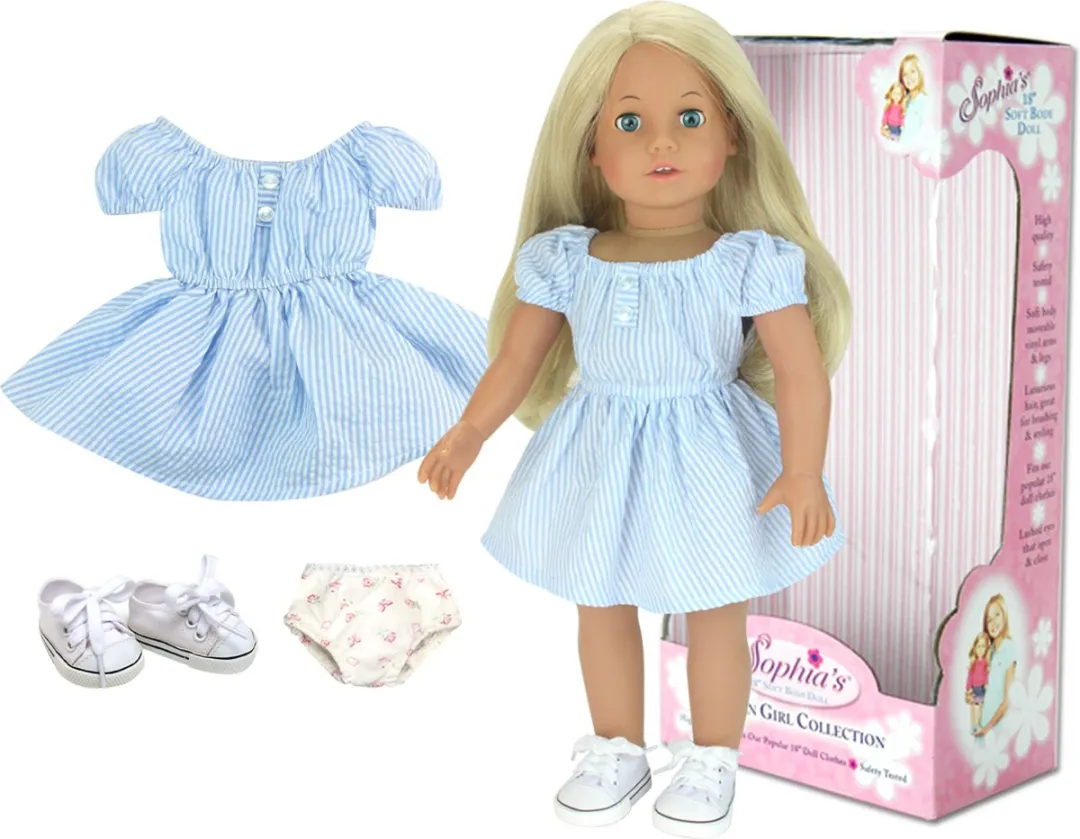 Teamson Kids Sophia Pop - 45,7 cm - Blond haar - Blauw/wit gestreepte jurk