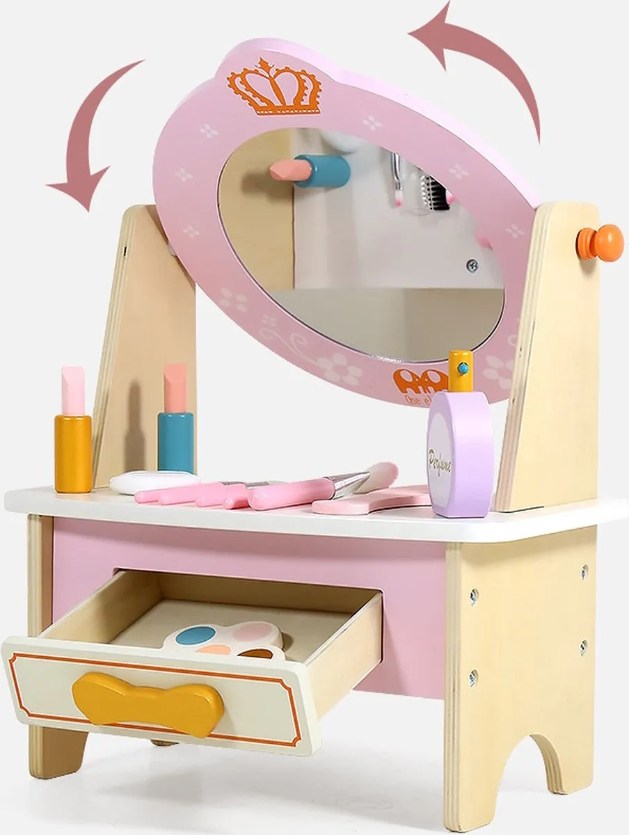 Eco Toys Houten Kaptafel Roze/Multicolor - Met Spiegel & Lade