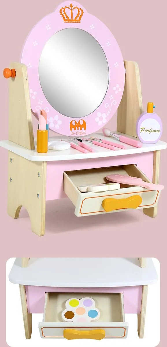 Eco Toys Houten Kaptafel Roze/Multicolor - Met Spiegel & Lade