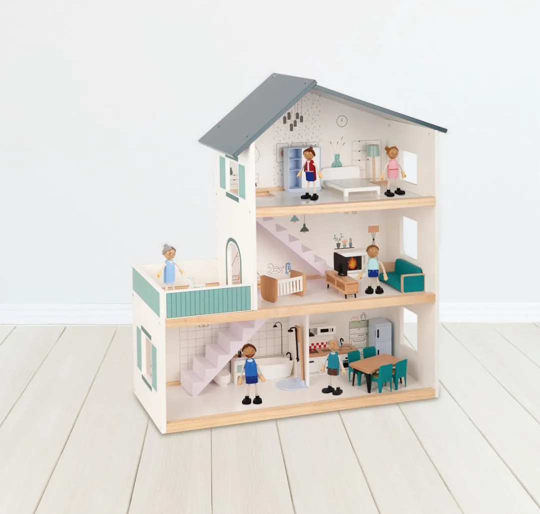 Tooky Toy Houten Poppenhuis 3 Verdiepingen - 31-delig Multicolor