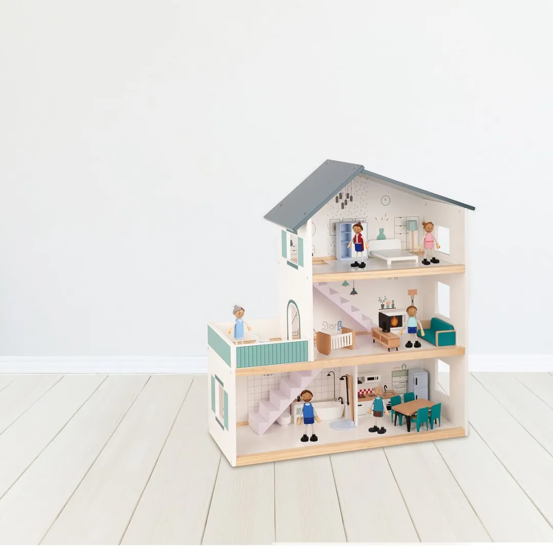Tooky Toy Houten Poppenhuis 3 Verdiepingen - 31-delig Multicolor