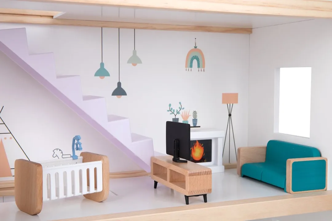 Tooky Toy Houten Poppenhuis 3 Verdiepingen - 31-delig Multicolor