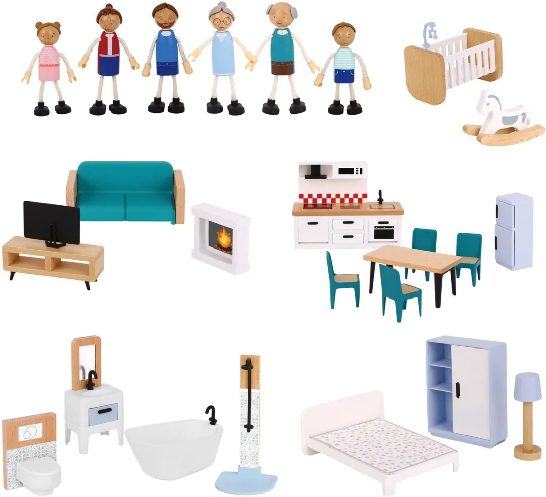 Tooky Toy Houten Poppenhuis 3 Verdiepingen - 31-delig Multicolor