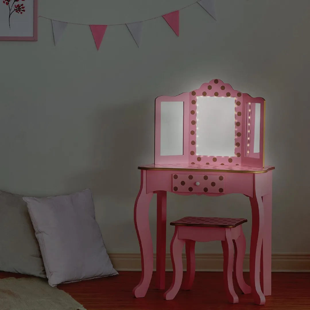 Teamson Kids Houten Kaptafel Roze/Goud - LED Spiegel - Tafel en Stoel Set