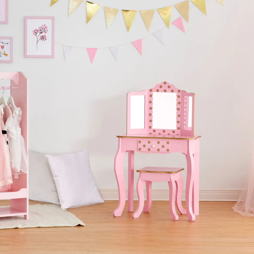 Teamson Kids Houten Kaptafel Roze/Goud - LED Spiegel - Tafel en Stoel Set