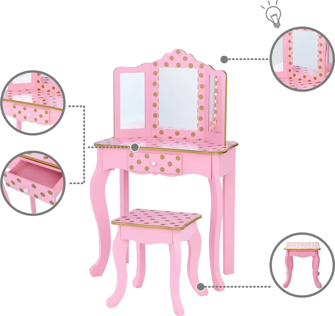 Teamson Kids Houten Kaptafel Roze/Goud - LED Spiegel - Tafel en Stoel Set