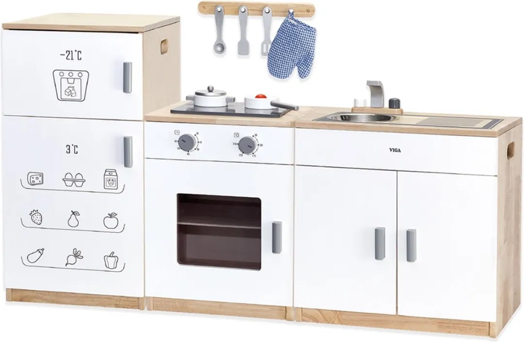 Vigatoys Luxe Houten Speelkeuken 3-delig Wit/Naturel