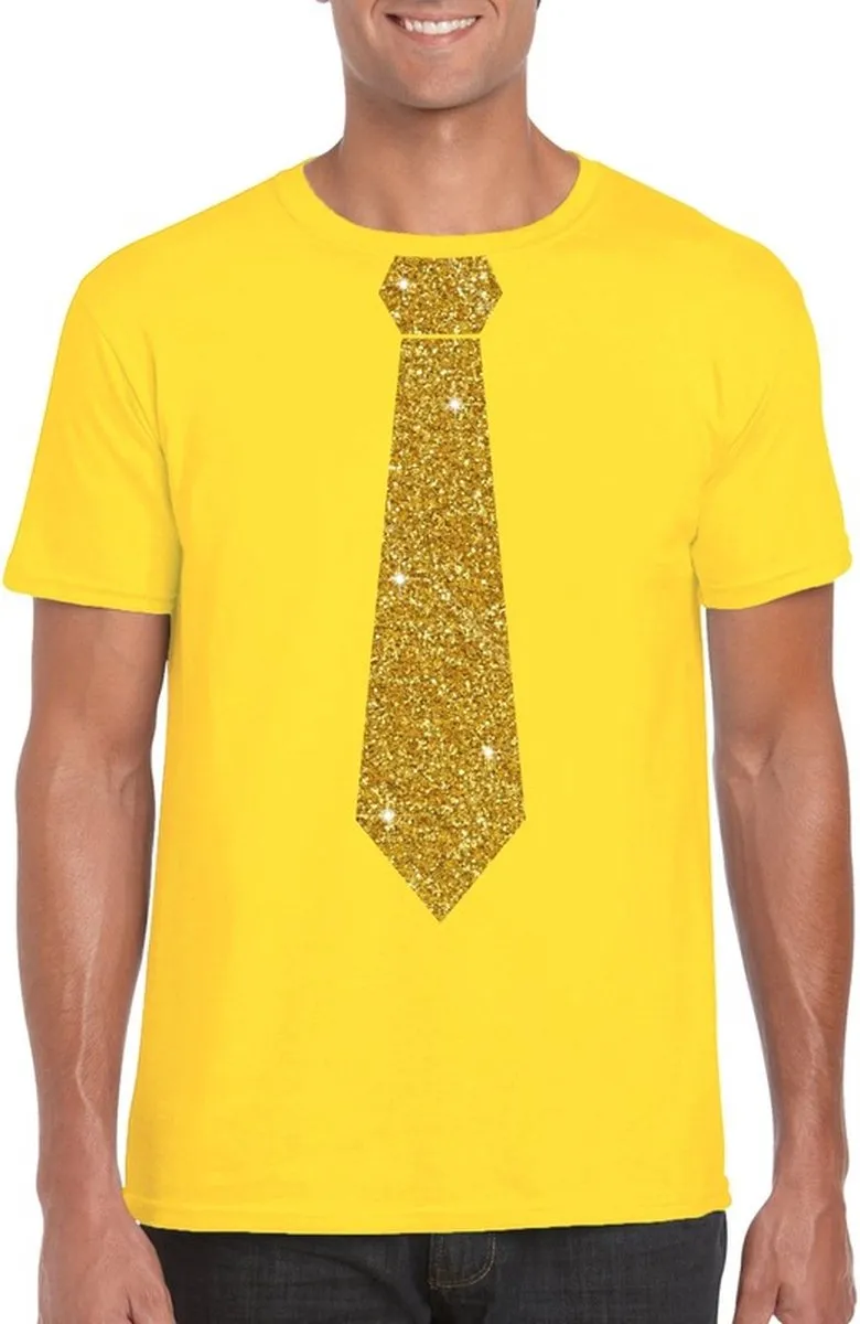 Bellatio Design Verkleedshirt Geel L - Glittergoud Stropdas