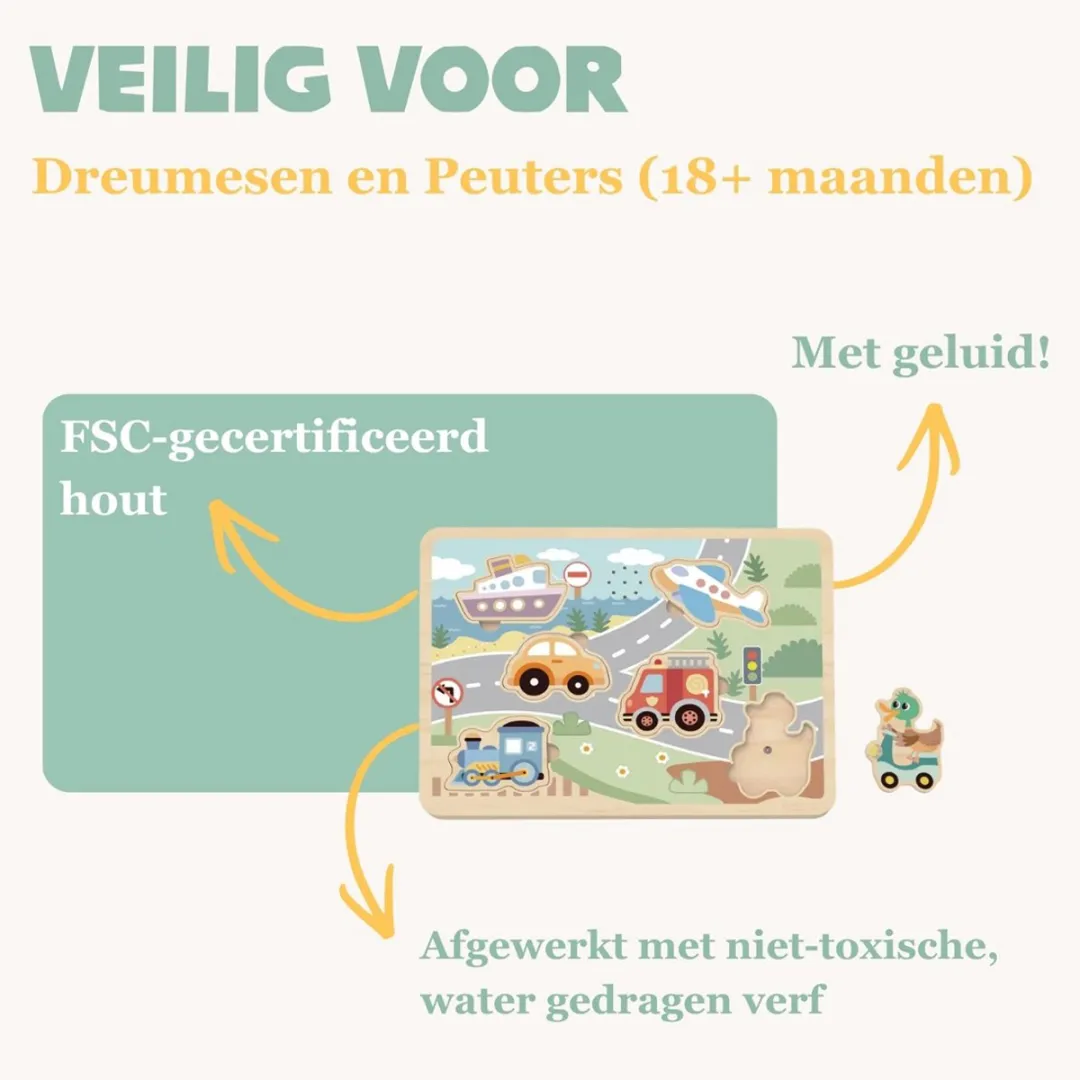 Tooky Toy Houten Geluidspuzzel Voertuigen TL064N - 7-delig - Meerkleurig