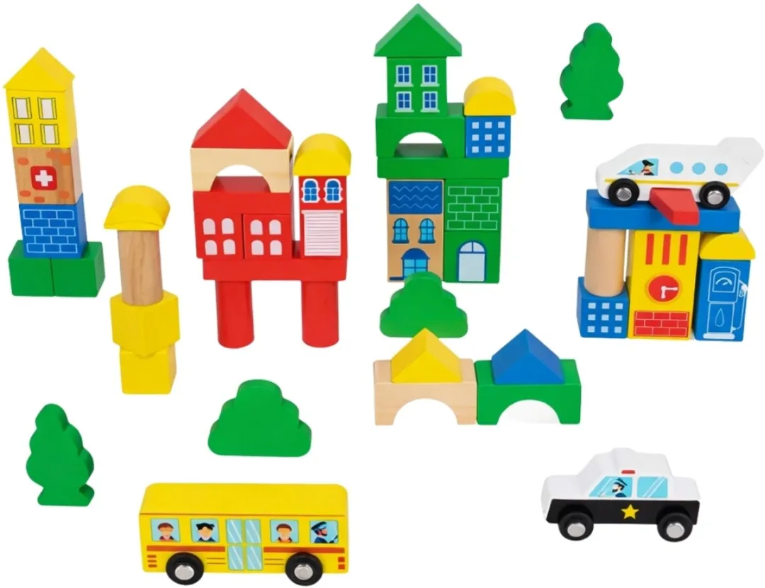 Tooky Toy Stad Bouwblokken 50-delig - Hout - Multi Color