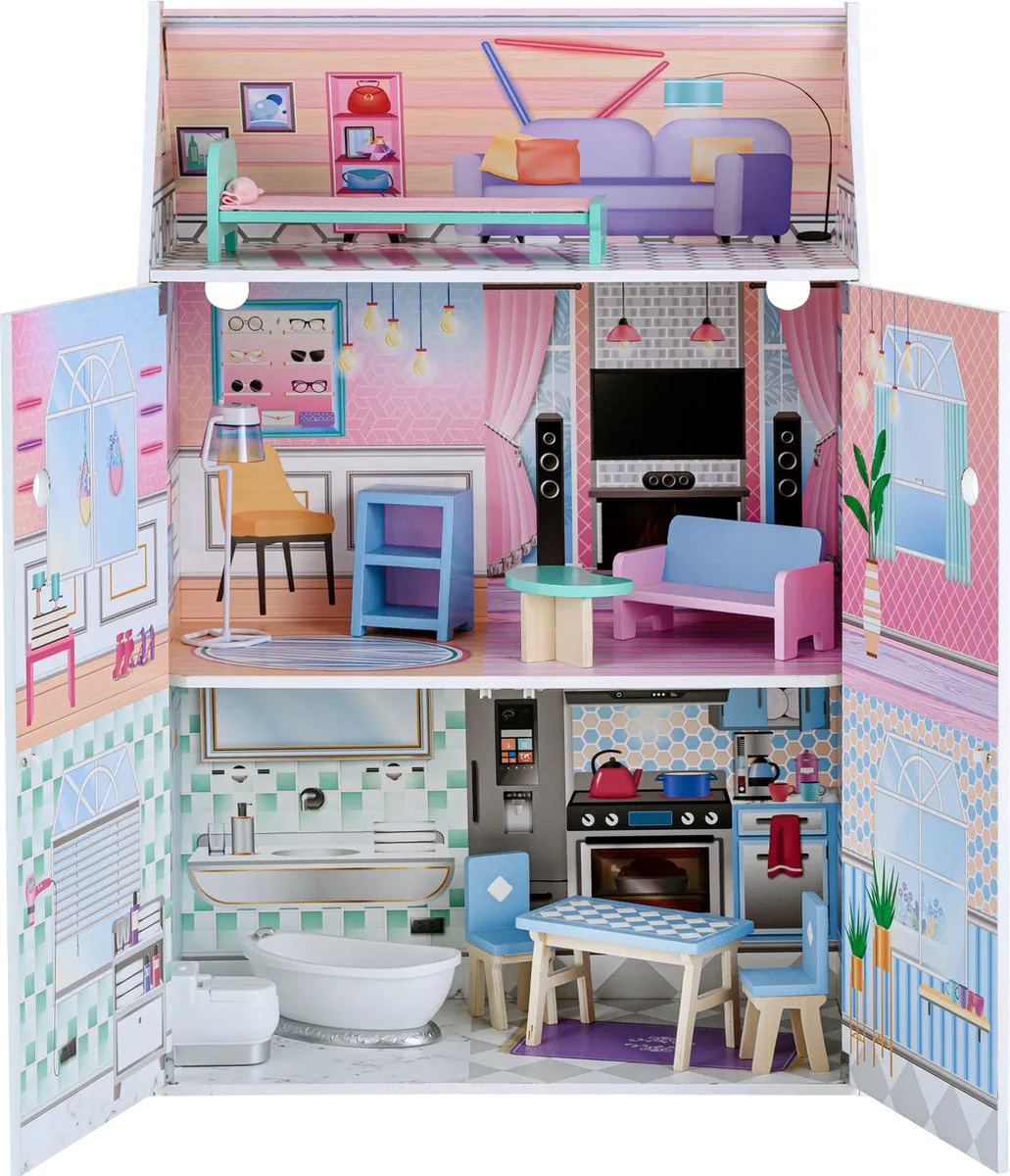 Teamson Kids Houten Poppenhuis TD-12518D - 10 Meubels - 12" Poppen