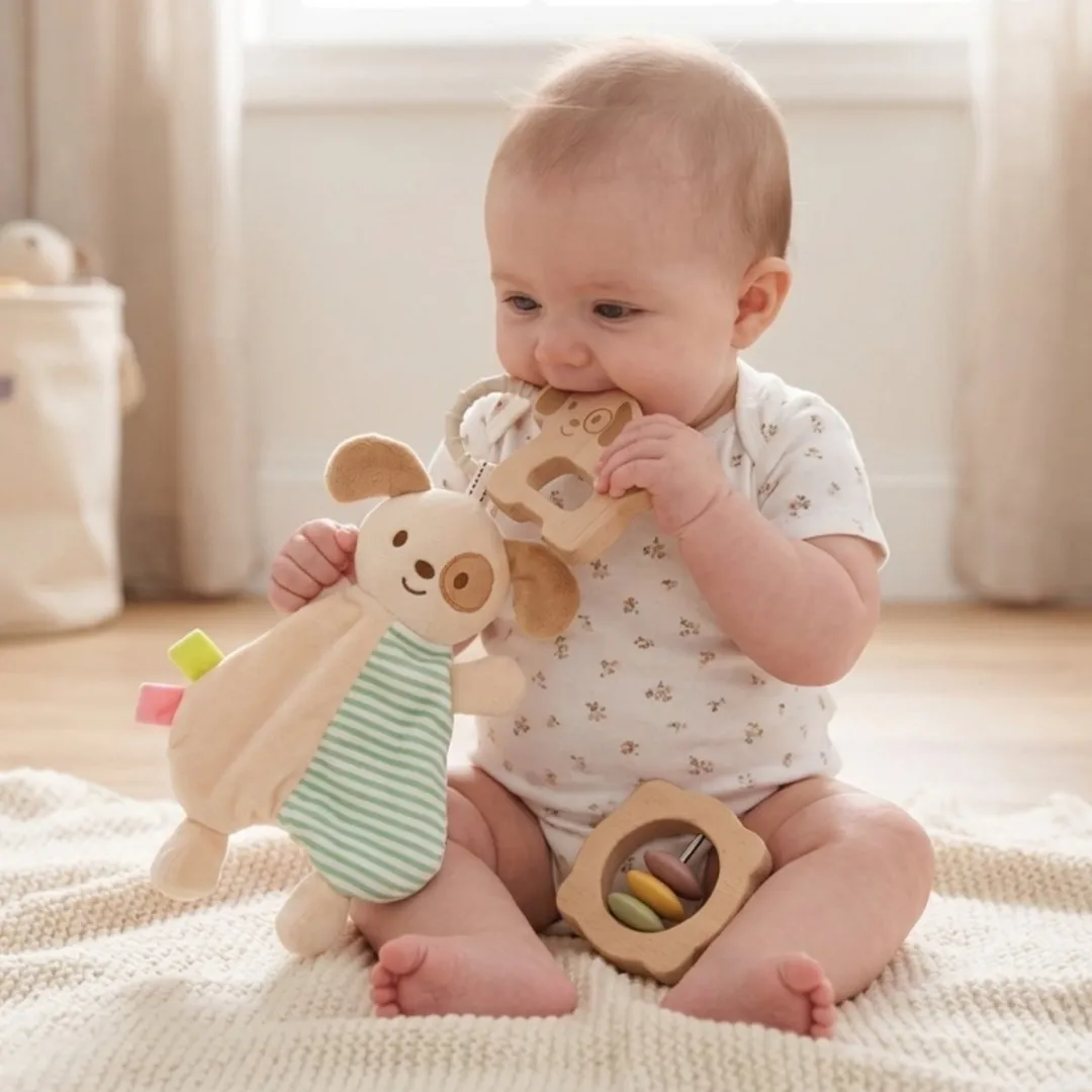 Tooky Toy Speelgoedset Baby 3-delig - Houten Rammelaar Hond Grijpspeeltje