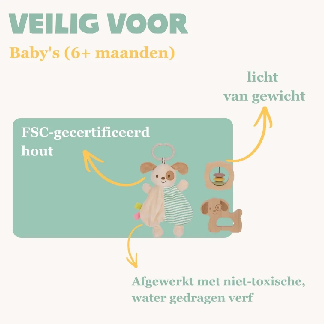 Tooky Toy Speelgoedset Baby 3-delig - Houten Rammelaar Hond Grijpspeeltje
