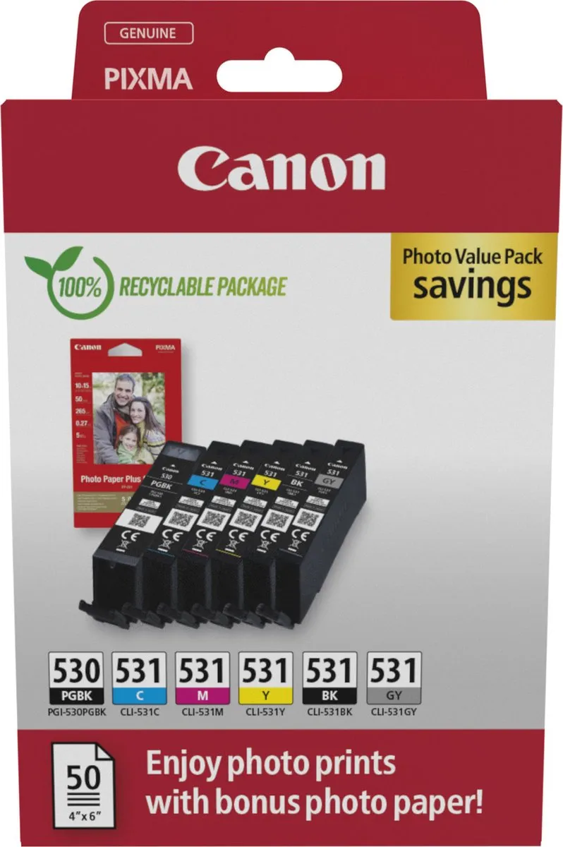 Canon PGI-530/CLI-531 Inktcartridges - 6 Stuks - Zwart/Cyaan/Grijs/Magenta/Foto zwart/Geel