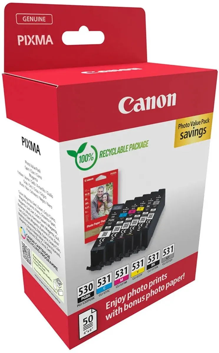 Canon PGI-530/CLI-531 Inktcartridges - 6 Stuks - Zwart/Cyaan/Grijs/Magenta/Foto zwart/Geel