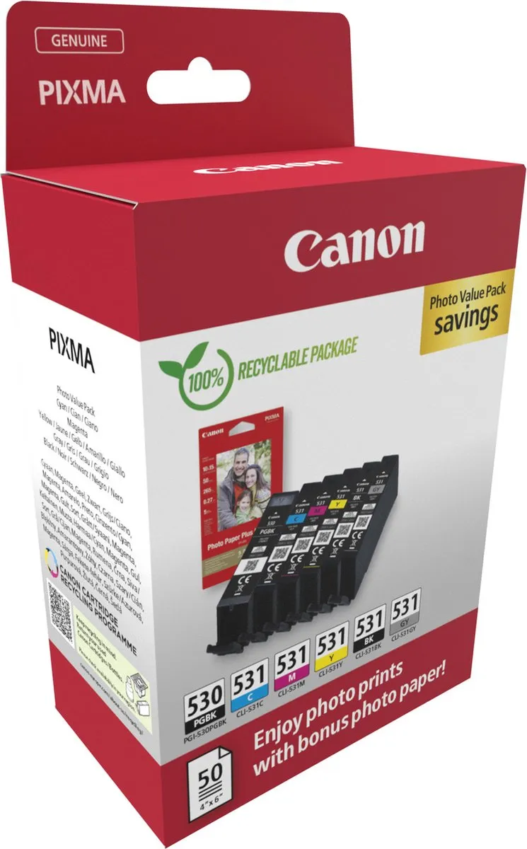 Canon PGI-530/CLI-531 Inktcartridges - 6 Stuks - Zwart/Cyaan/Grijs/Magenta/Foto zwart/Geel