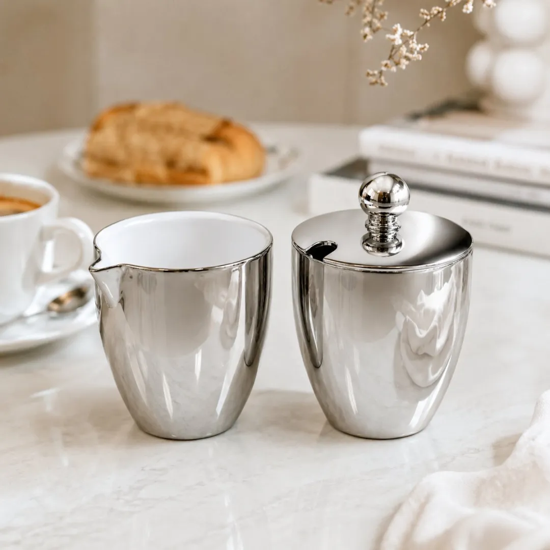 vtwonen Melkkannetje & Suikerpot Porselein - Zilver - 2 Stuks
