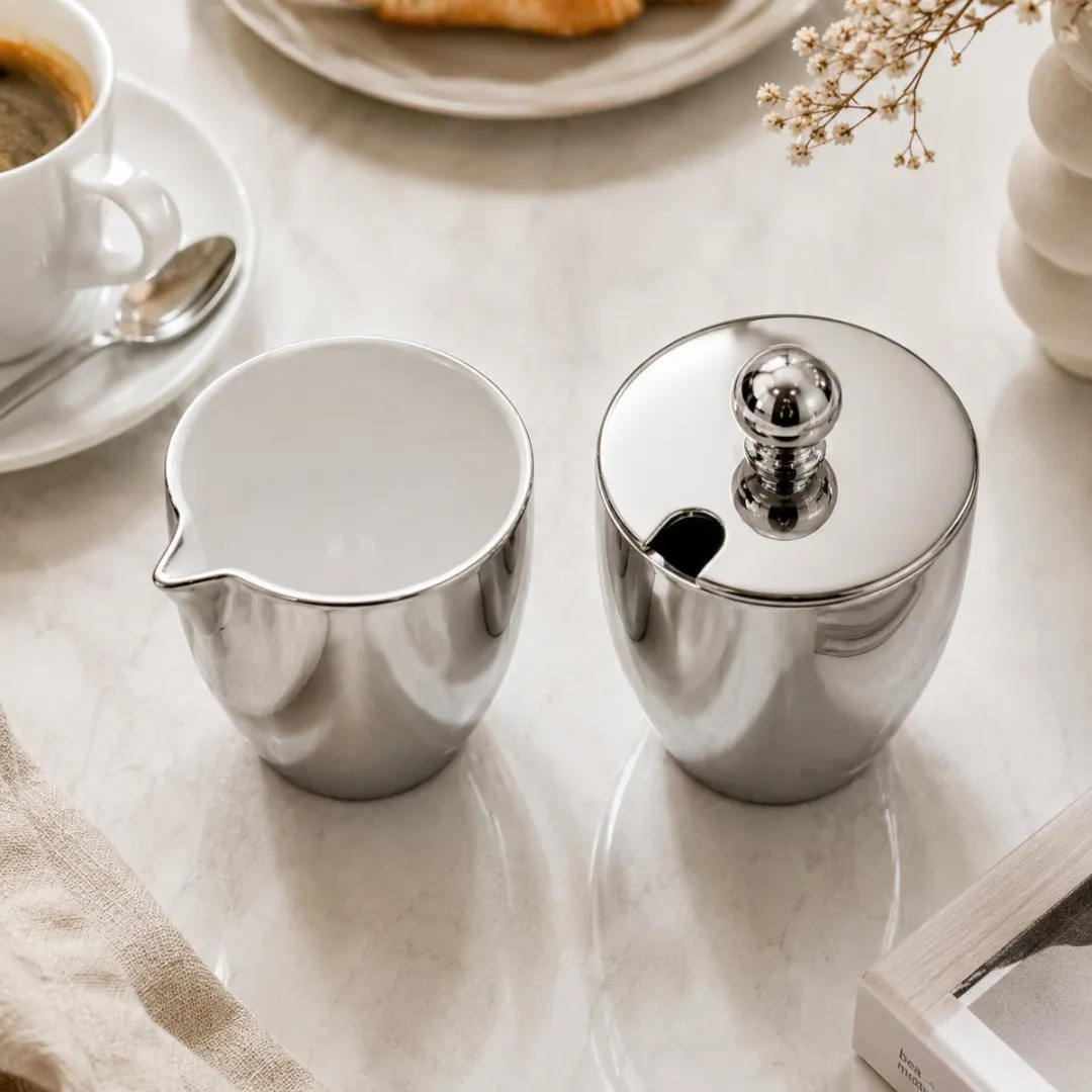 vtwonen Melkkannetje & Suikerpot Porselein - Zilver - 2 Stuks
