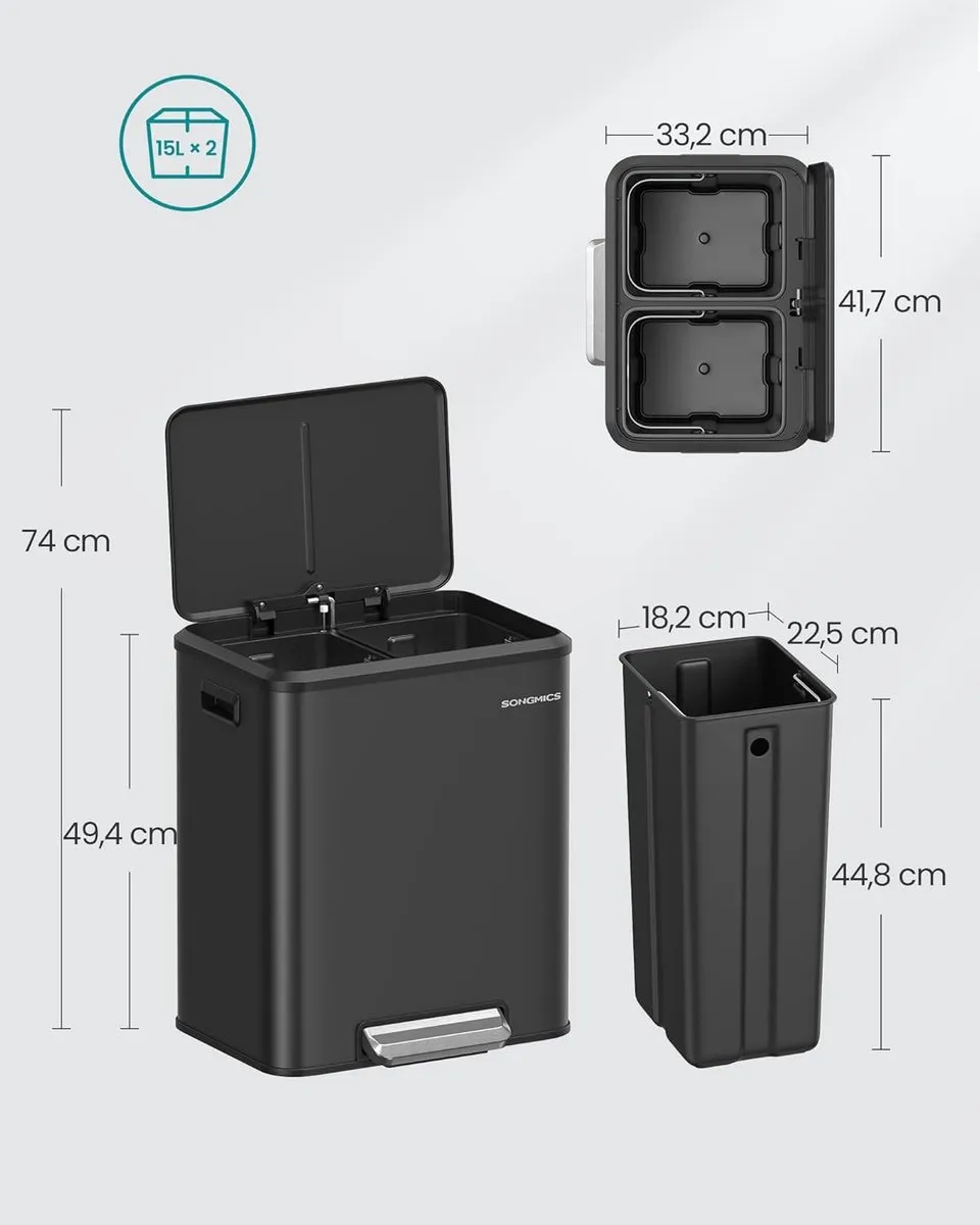 Songmics Keukenprullenbak 2x15L Dubbel - Pedaal - Zwart
