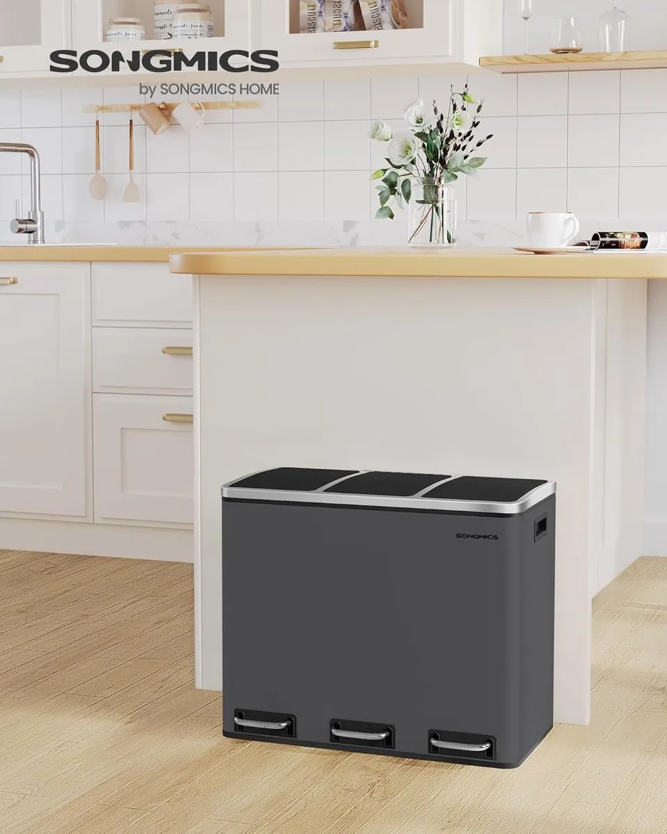 Songmics Keukenafvalbak Pedaalemmer 54L - 3 Compartimenten - Matgrijs