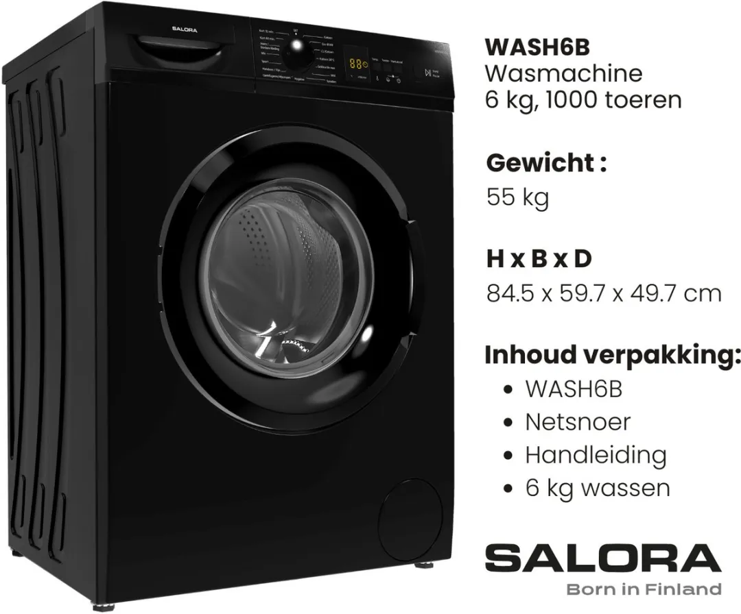 Salora WASH6B Wasmachine 6kg - 1000 RPM - Zwart