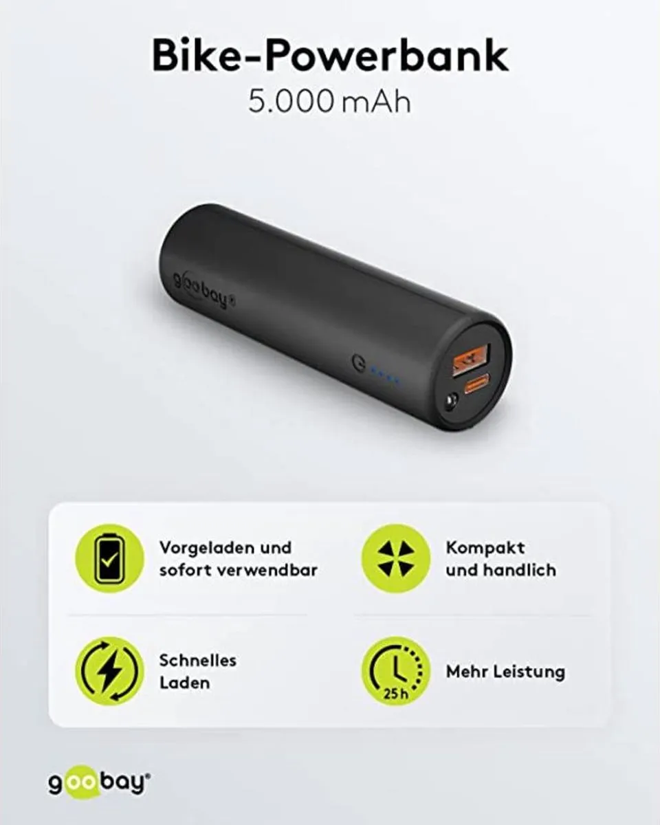 Goobay 60656 Fiets Powerbank - 5.000mAh - USB-A/USB-C - Zwart
