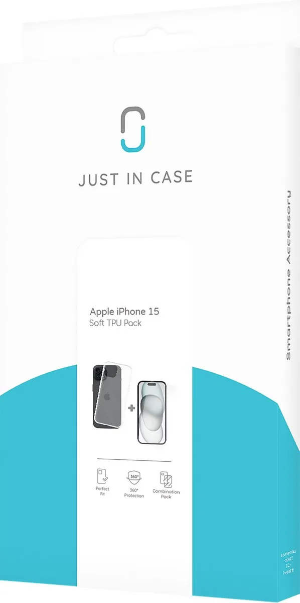 Just in Case iPhone 15 Soft TPU Hoesje + Tempered Glas - Transparant - afbeelding 6 van 6