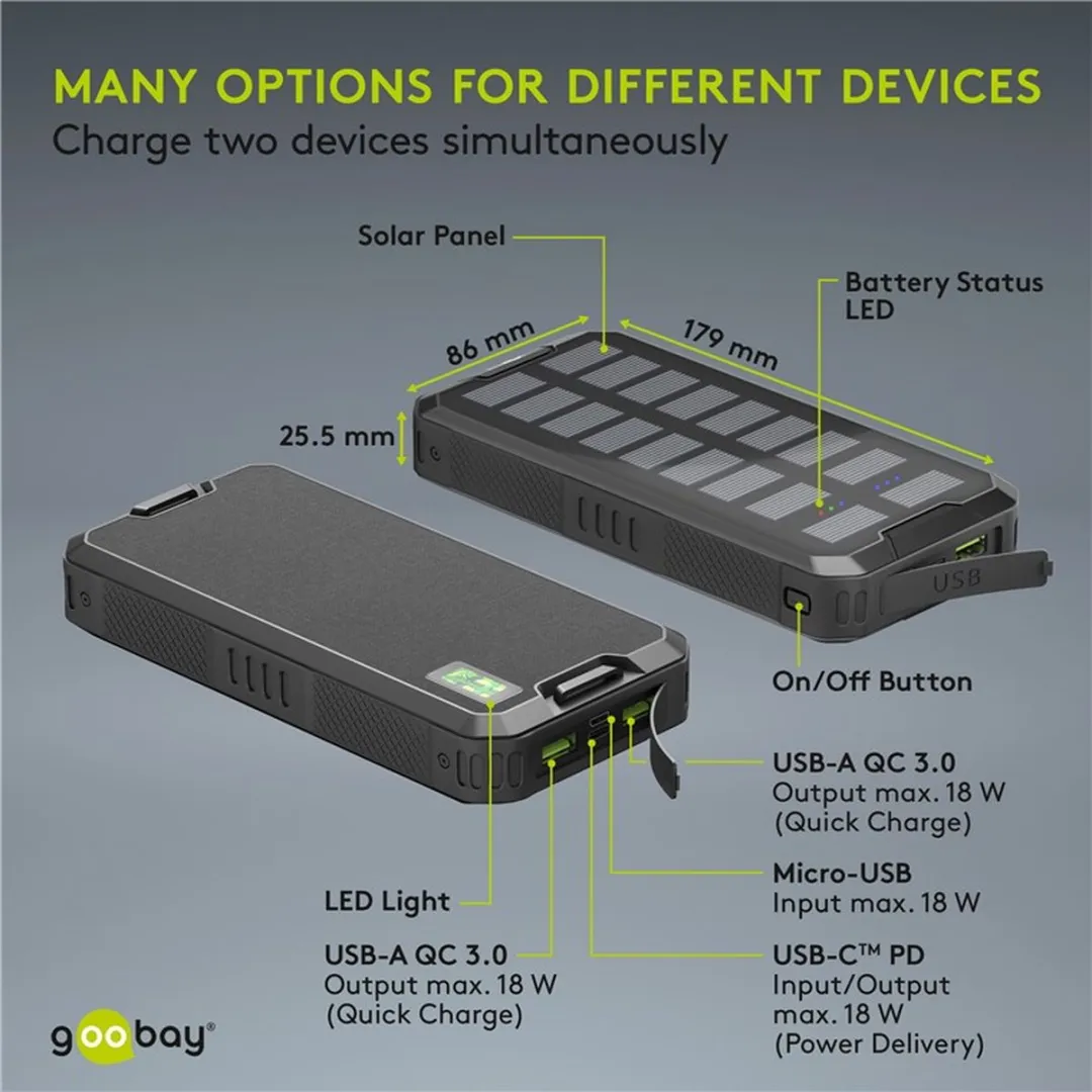 Goobay Powerbank 20.000mAh Fast Charge Solar - 3x USB - Zwart