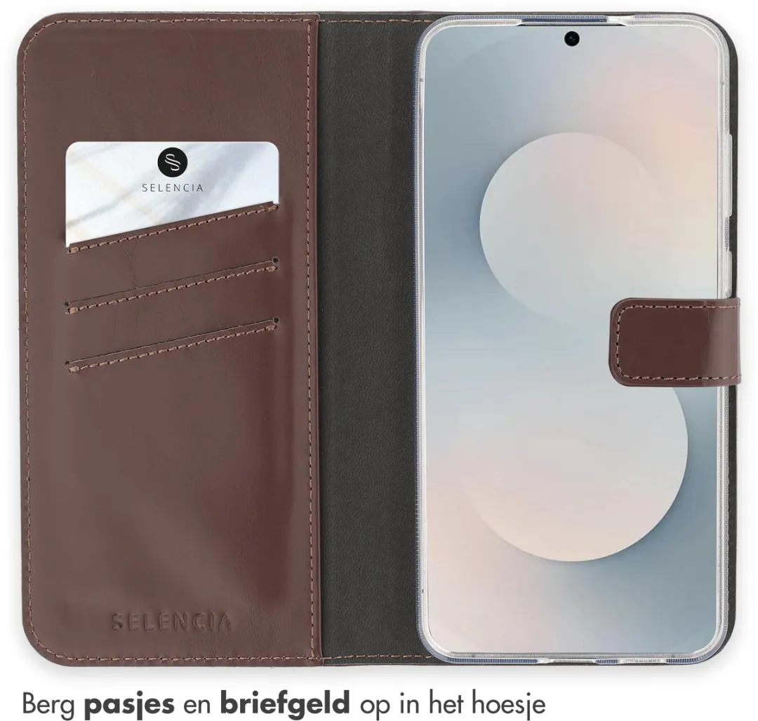 Selencia Hoesje Samsung Galaxy S25 FE Donkerbruin - Lederen Bookcase - 3 Pasjes