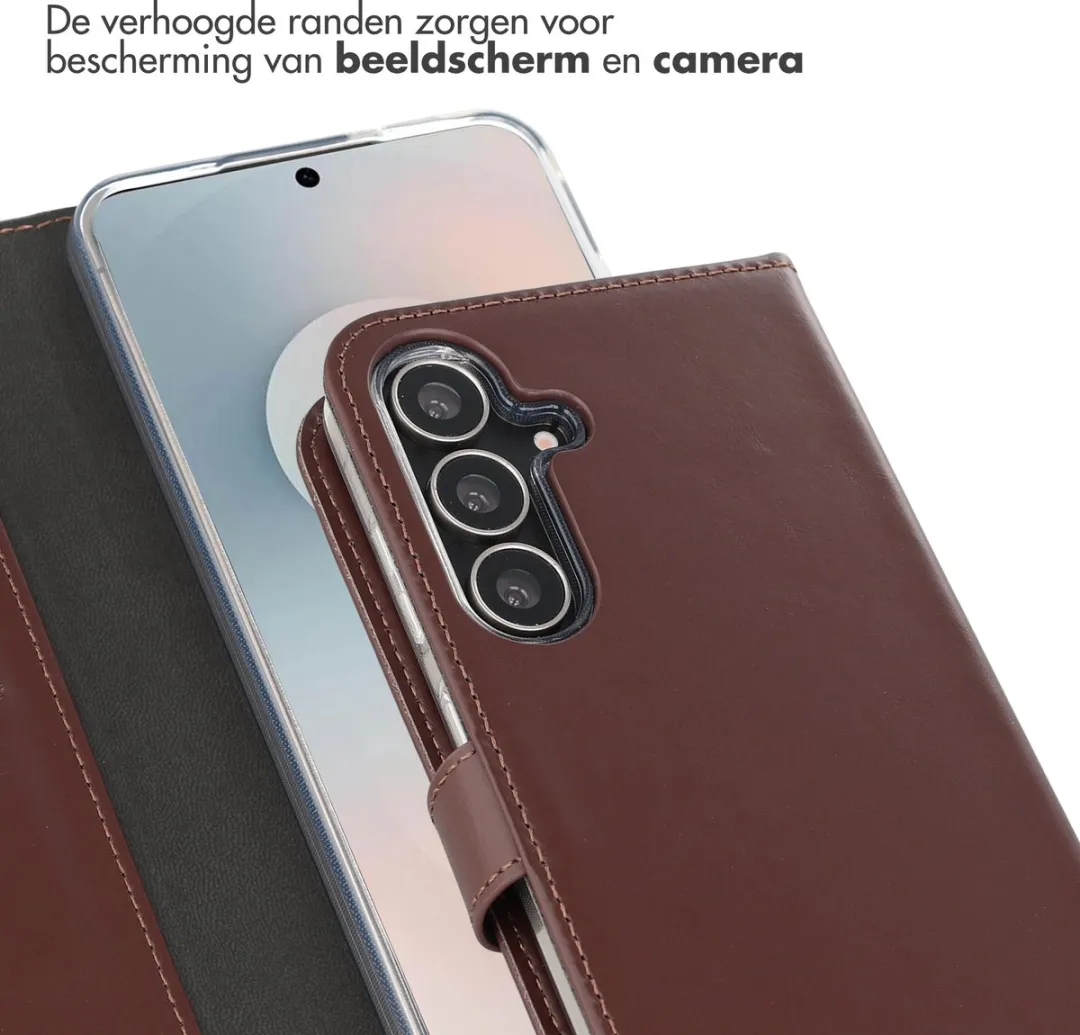 Selencia Hoesje Samsung Galaxy S25 FE Donkerbruin - Lederen Bookcase - 3 Pasjes