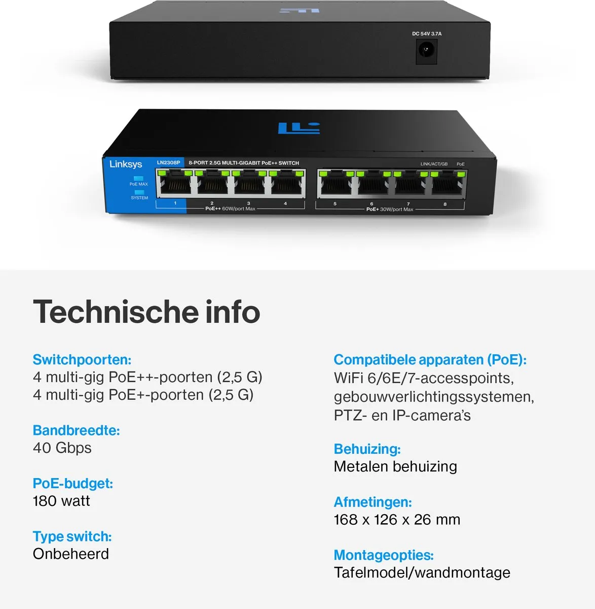 Linksys LN2308P Unmanaged Netwerk Switch 8 PoE++ - 2500 Mbps - Zwart/Blauw