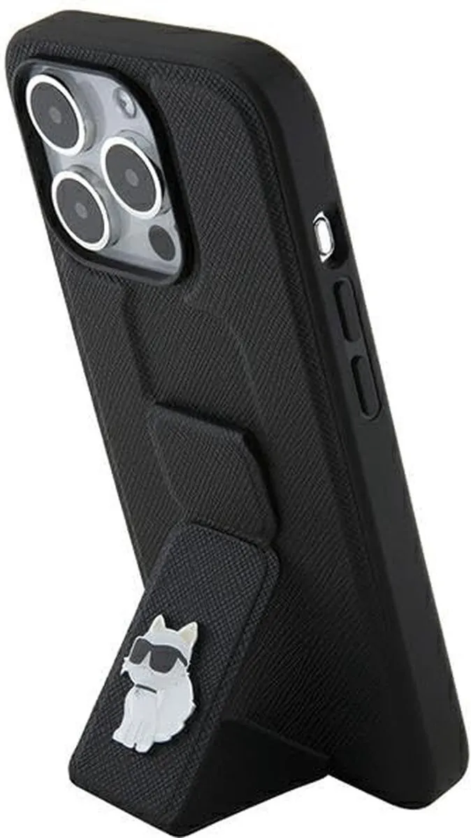 Karl Lagerfeld Gripstand Saffiano Choupette Hoesje iPhone 14/Pro/Max - Zwart