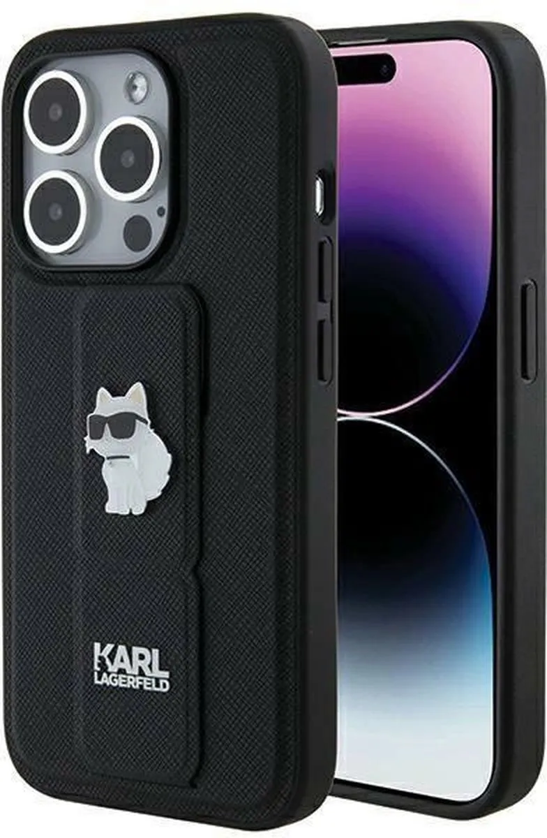Karl Lagerfeld Gripstand Saffiano Choupette Hoesje iPhone 14/Pro/Max - Zwart