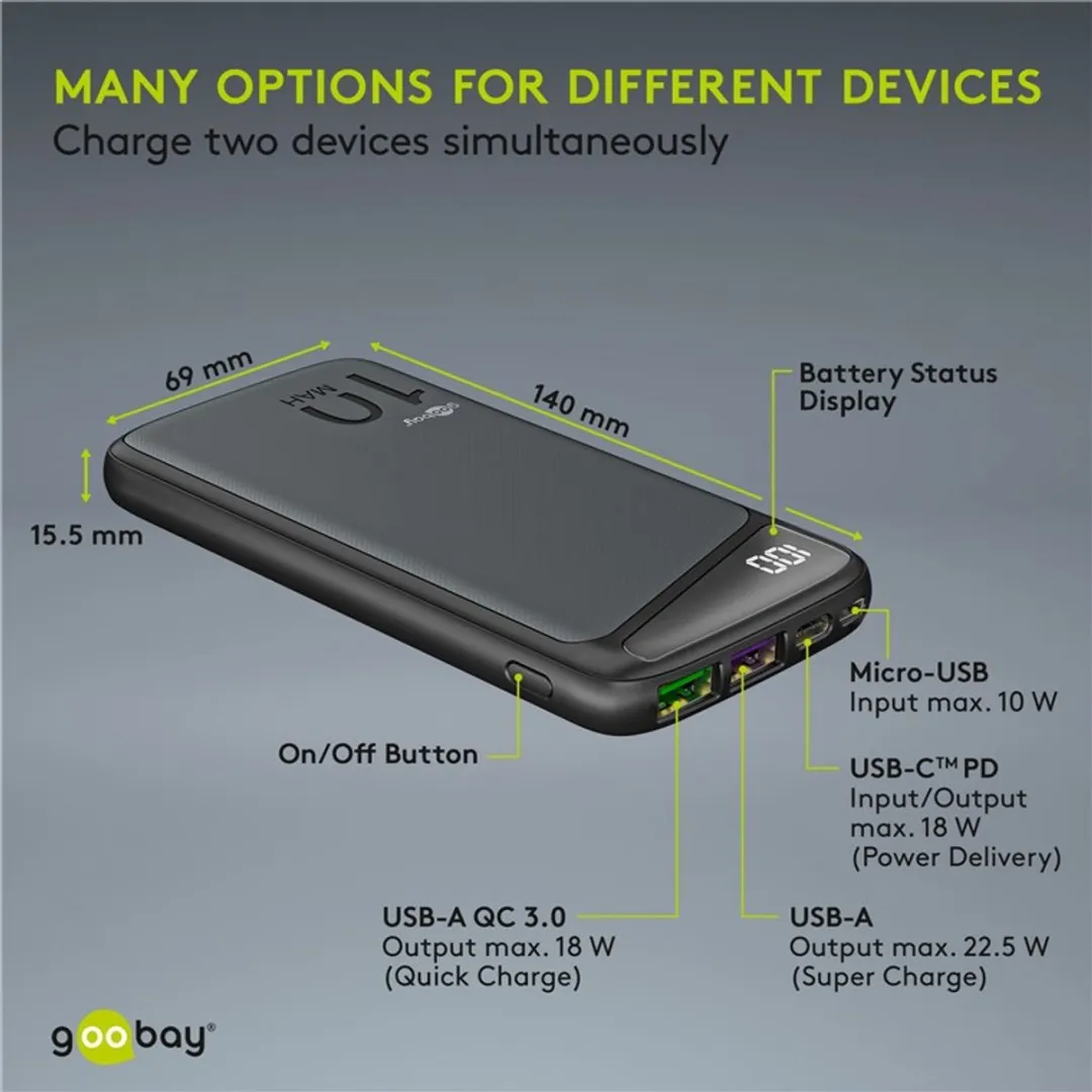Goobay BrickLED PowerBank 10000mAh - 2x opladen - 3x USB - Zwart