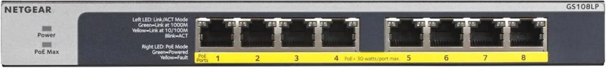 Netgear GS108LP-100EUS Unmanaged PoE Switch - 8 Poorten