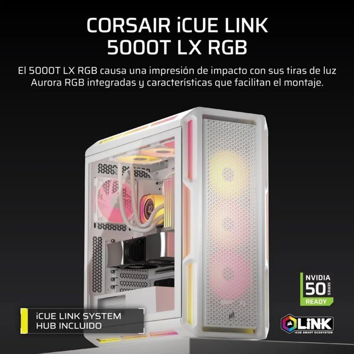 ATX PC-behuizing - CORSAIR - 5000T LX RGB - 3 LX120 RGB-ventilatoren - Aurora RGB-verlichting - Wit