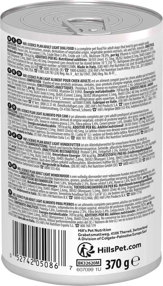 Hill's Science Plan Light Adult Natvoer Hond - 12 x 370g