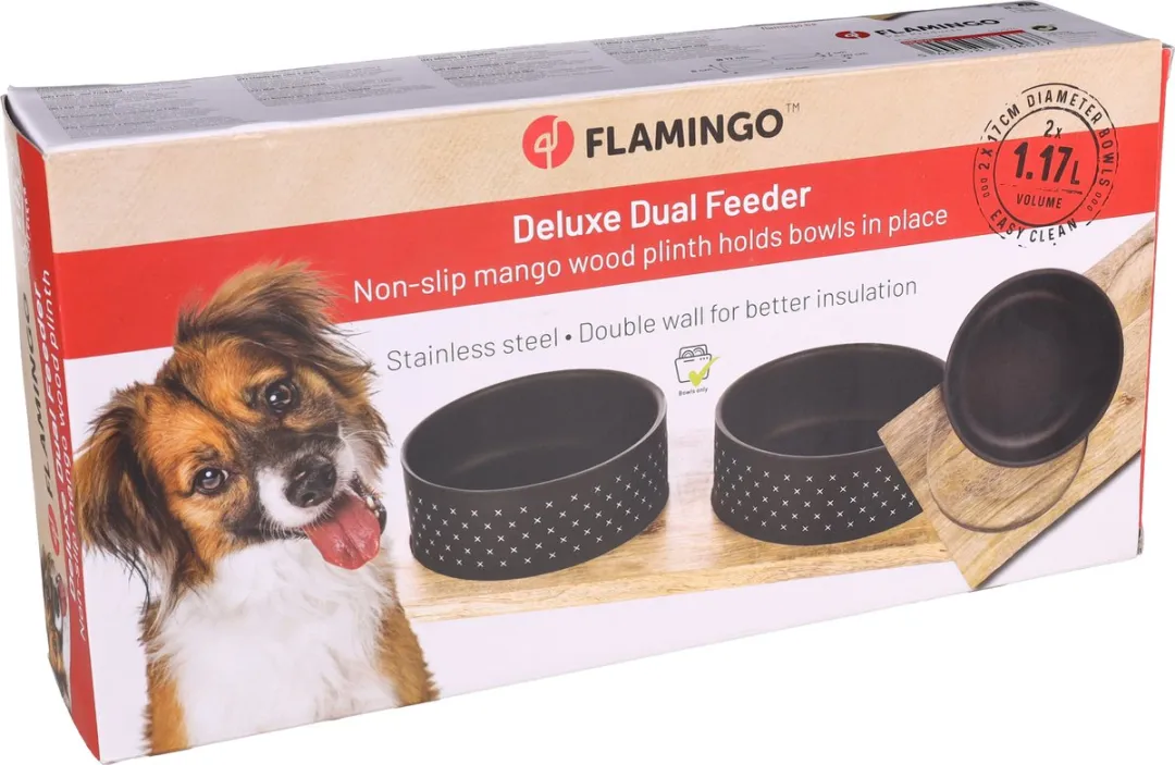 Flamingo Nervo Duo Dinner Eetpot Honden - 2x1170ml - Ø17cm - Zwart