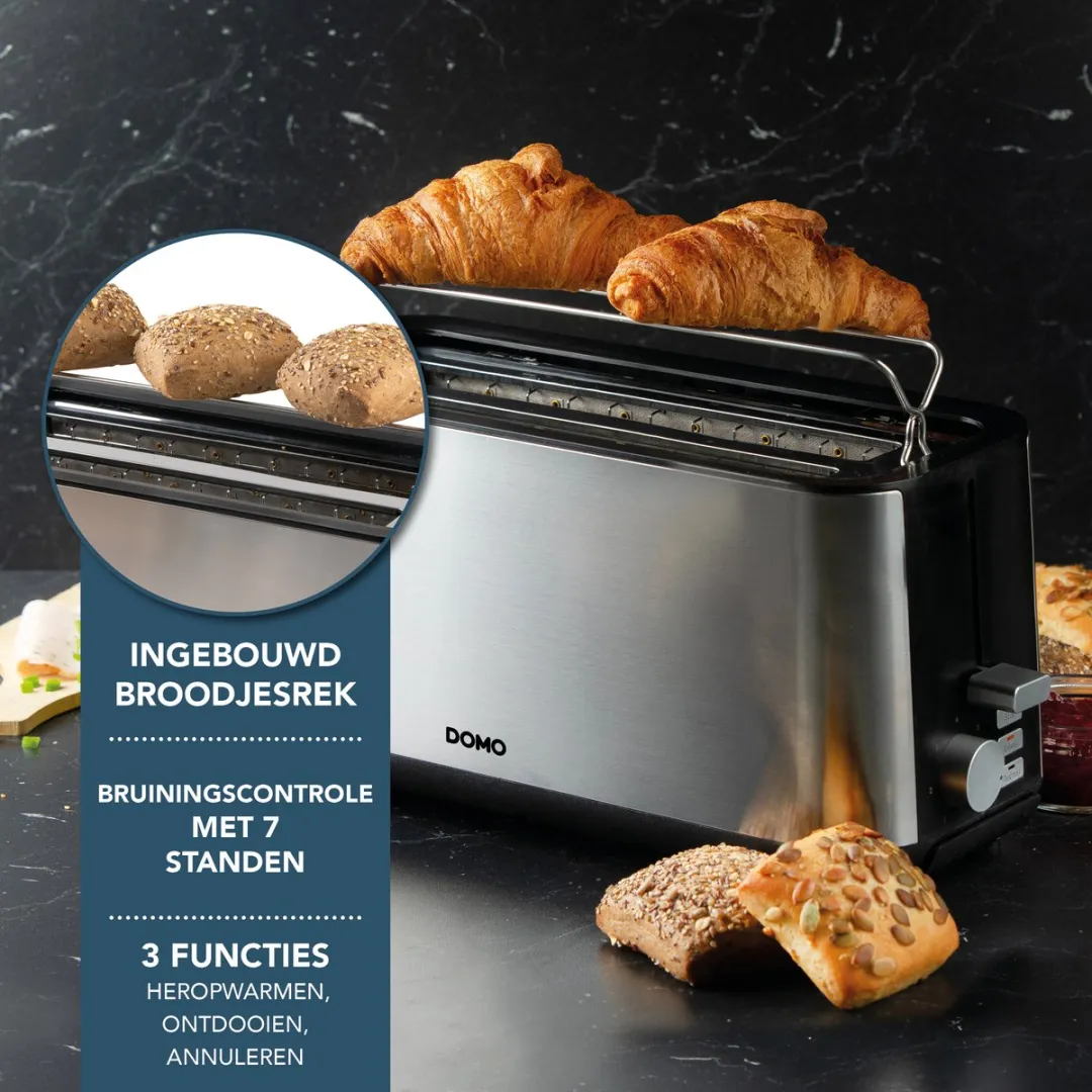 Domo DO967T Broodrooster 1350W - 4 Sneden - Ingebouwd Broodjesrek