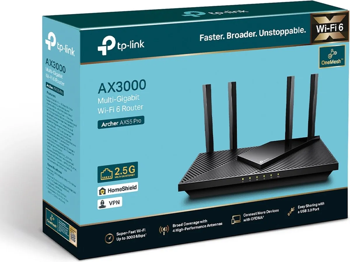TP-Link Archer AX55 Pro WiFi Router - Zwart