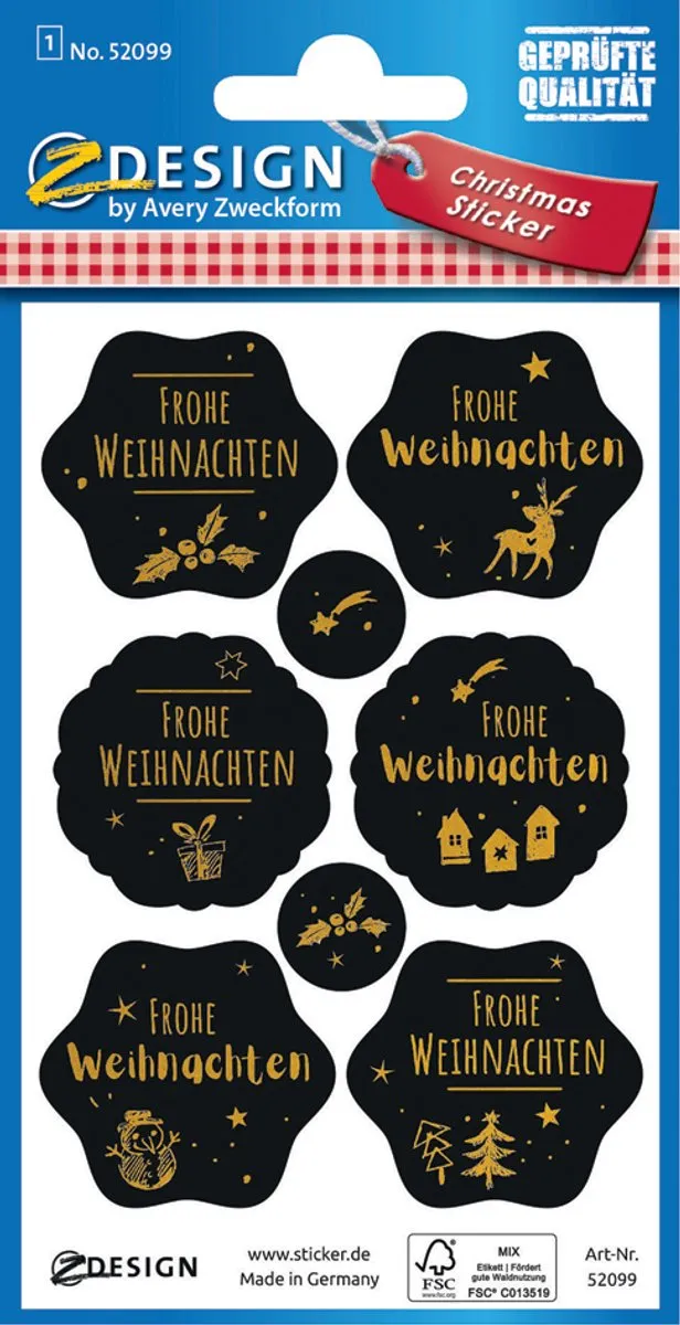 Avery Kerststicker Vorm & Design Zwart/Goud