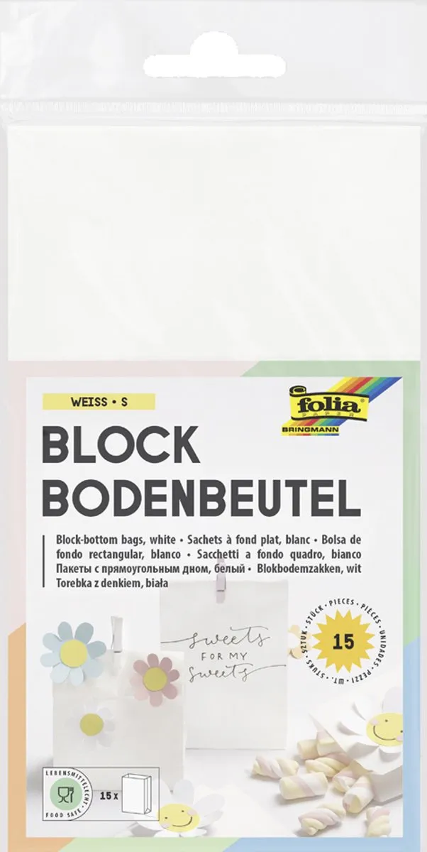 Folia Papieren Zakken Blokbodem 120x60x210mm - 15 Stuks Wit