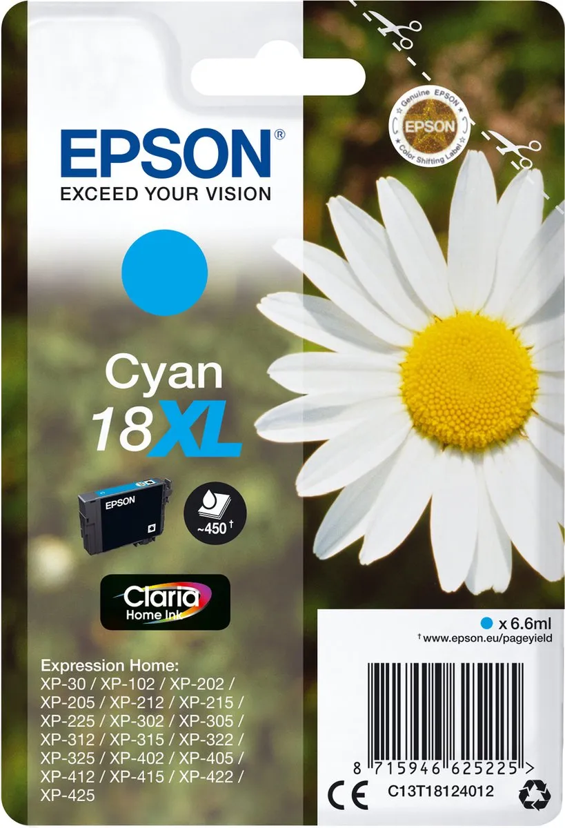 Epson Original C13T18124022 Cyaan XL Cartridge